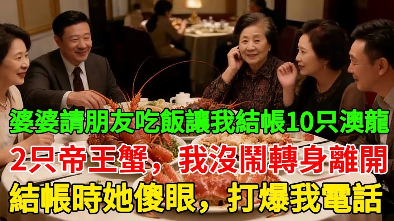 婆婆請朋友吃飯讓我結帳10只澳龍！ 2只帝王蟹，我沒鬧轉身離開，結帳時她傻眼，打爆我電話。