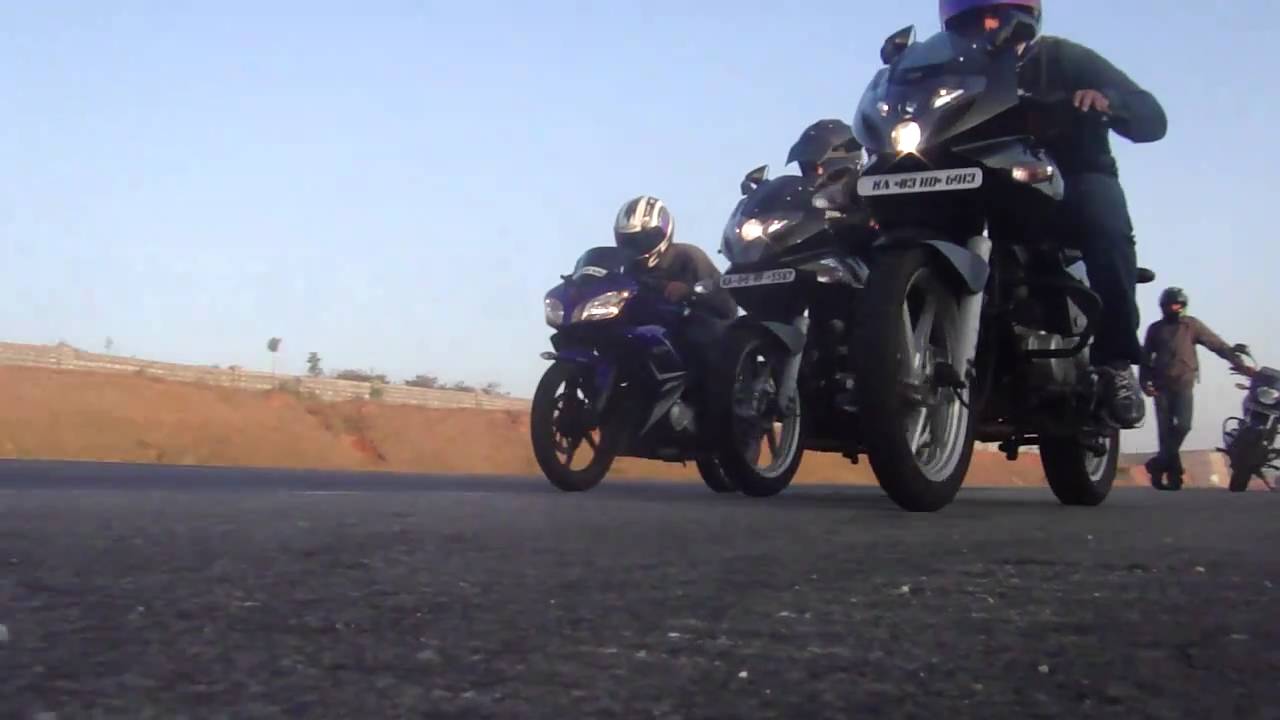 10km drag race start - pulsar 220 DTS-Fi vs R15 - YouTube