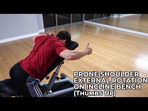 Prone Shoulder External Rotation on Incline Bench (Thumbs Up)
