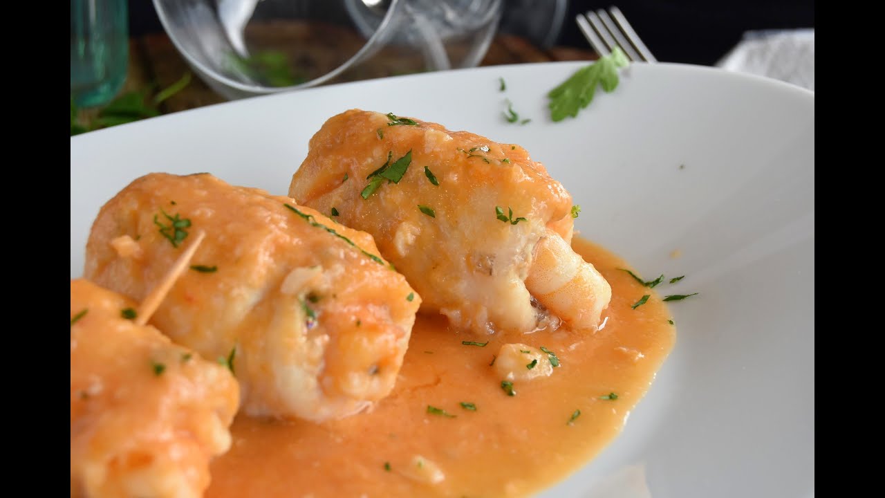 Rollitos de gallo y langostinos