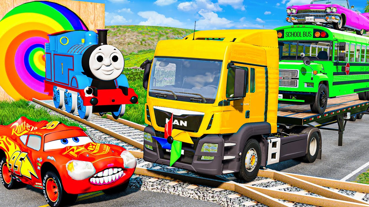 Flatbed Trailer Truck Rescue Bus - Cars vs Deep Water - Cars vs Rails and Trains - BeamNG Drive 