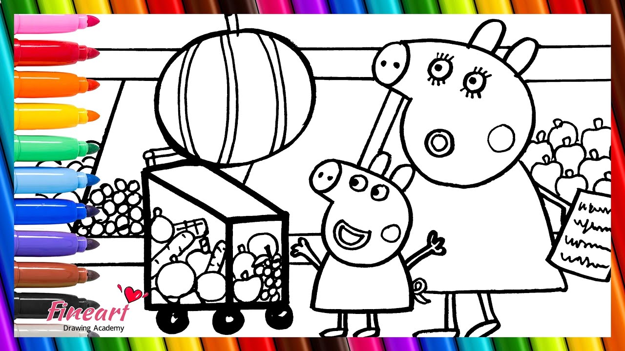 How to Draw and Color Peppa Pig Buying Fruits with Mummy Pig 🐷👠💖🌈