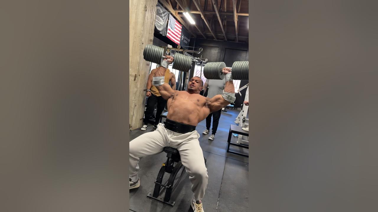 NEW PR Larry Wheels 400 Lb Dumbbell Shoulder Press For Reps 200 Lb 100-lb-dumbbell-shoulder-press-27-reps-youtube