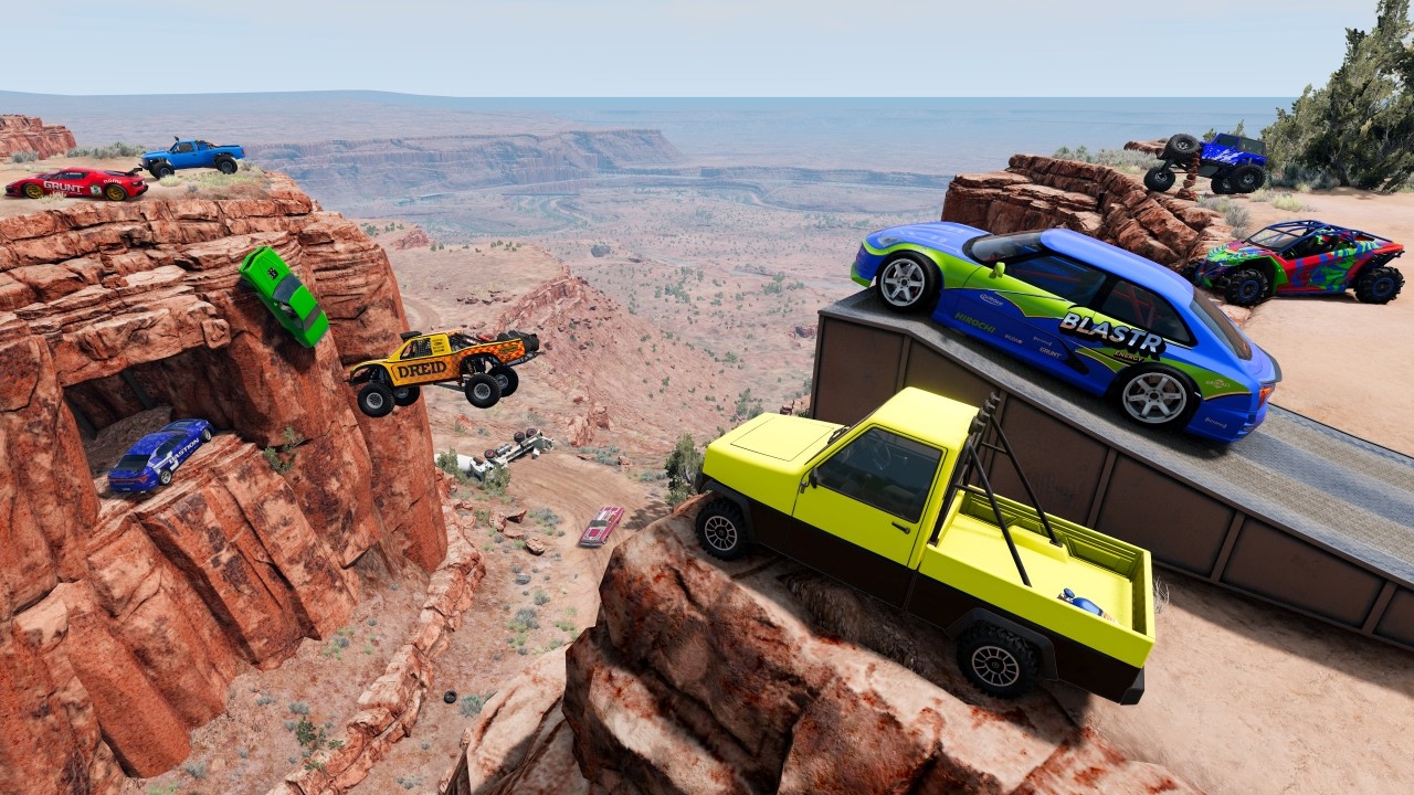 Racing Random Cars on Huge Jumps and Cliffs