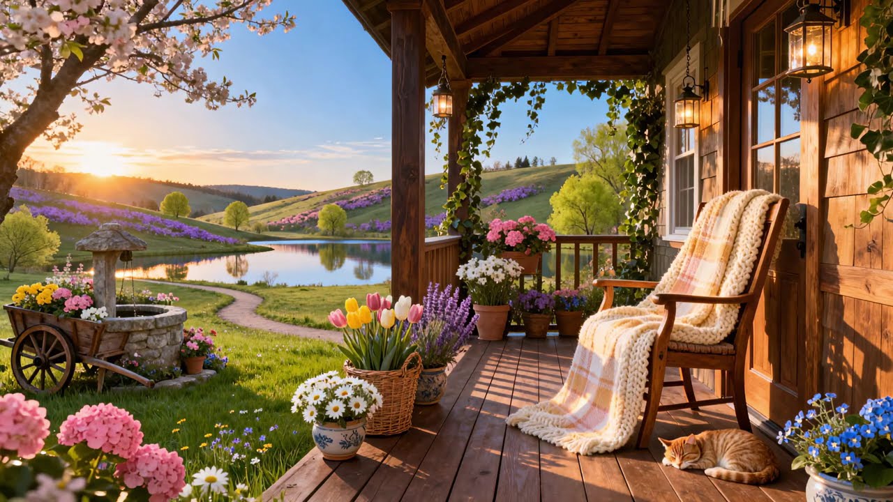 Spring Sunset on Cozy Lake Porch 🌷🌅 Pure Nature Sounds (No Music)