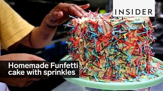 This Funfetti cake is a tower of buttercream and sprinkles