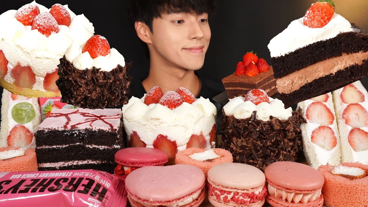 ASMR MUKBANG FRAISIER CAKE & CHOCOLATE CAKE & RASPBERRY CAKE & ICE CREAM BAR & MACARON & SANDWICH