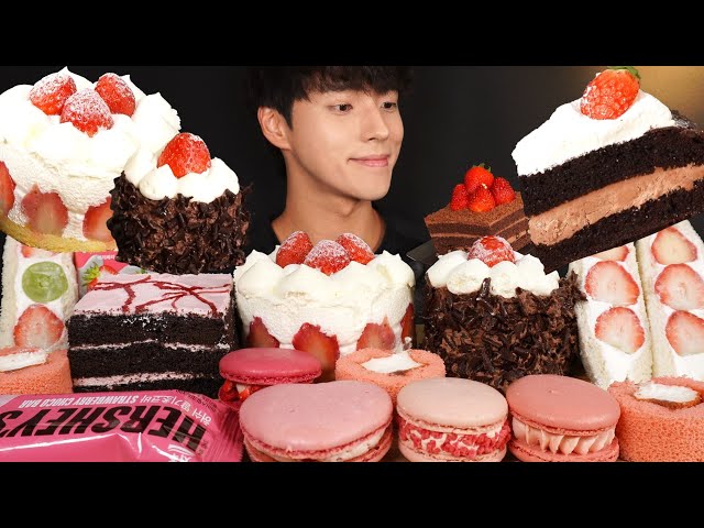 ASMR MUKBANG FRAISIER CAKE & CHOCOLATE CAKE & RASPBERRY CAKE & ICE CREAM BAR & MACARON & SANDWICH