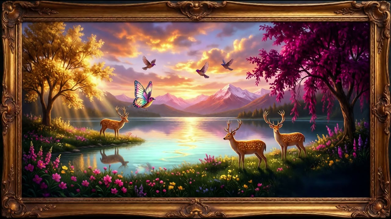 Fantasy Lake Painting (3 HOURS) | Static TV Background | Soft Music | 4K