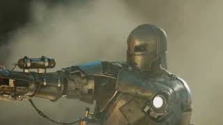 Тони Старк в костюме Марк 1 поджигает базу боевиков