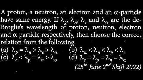 A proton, a neutron, an electron and an a-particle have same energy. If λες λης λε and  MP DTS 30 Q4