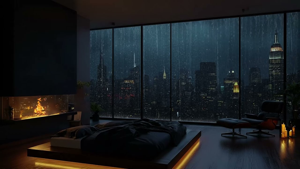Cozy NYC Bedroom Rain 🌧️ | Fireplace Sounds & Window Rain for Deep Sleep & Insomnia Relief