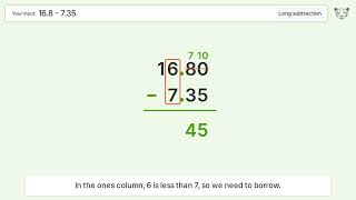 Long Subtraction Problem 16.8-7.35: Step-by-Step Video Solution