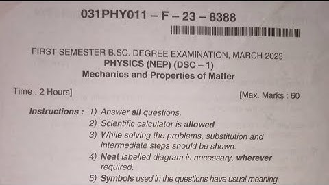 Physics Bsc 1st Semester NEP Degree Question Paper Year 2023 Karnataka of Dharwad University
