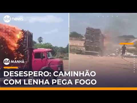 Video caminhao-com-carga-de-madeira-pega-fogo-e-motorista-lanca-veiculo-em-rio-sbt-manha