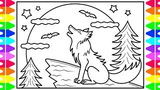 How to Draw a Wolf for Kids 🐺🖤💙Wolf Drawing Tutorial | Wolf Coloring Pages