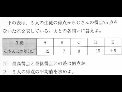 中学１年数学 正の数 負の数の応用 基準からの平均 Youtube