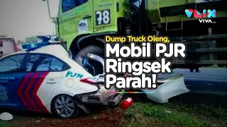 Mobil Polisi Jalan Raya Tak Berbentuk Dihantam Truk Pasir