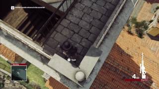 Hitman taking down target in Sapienza with sniper rifle as a priest from church tower.
