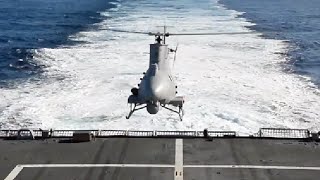 MQ-8B (無人偵察ヘリ)・フリーダム級沿海域戦闘艦で離着艦テスト