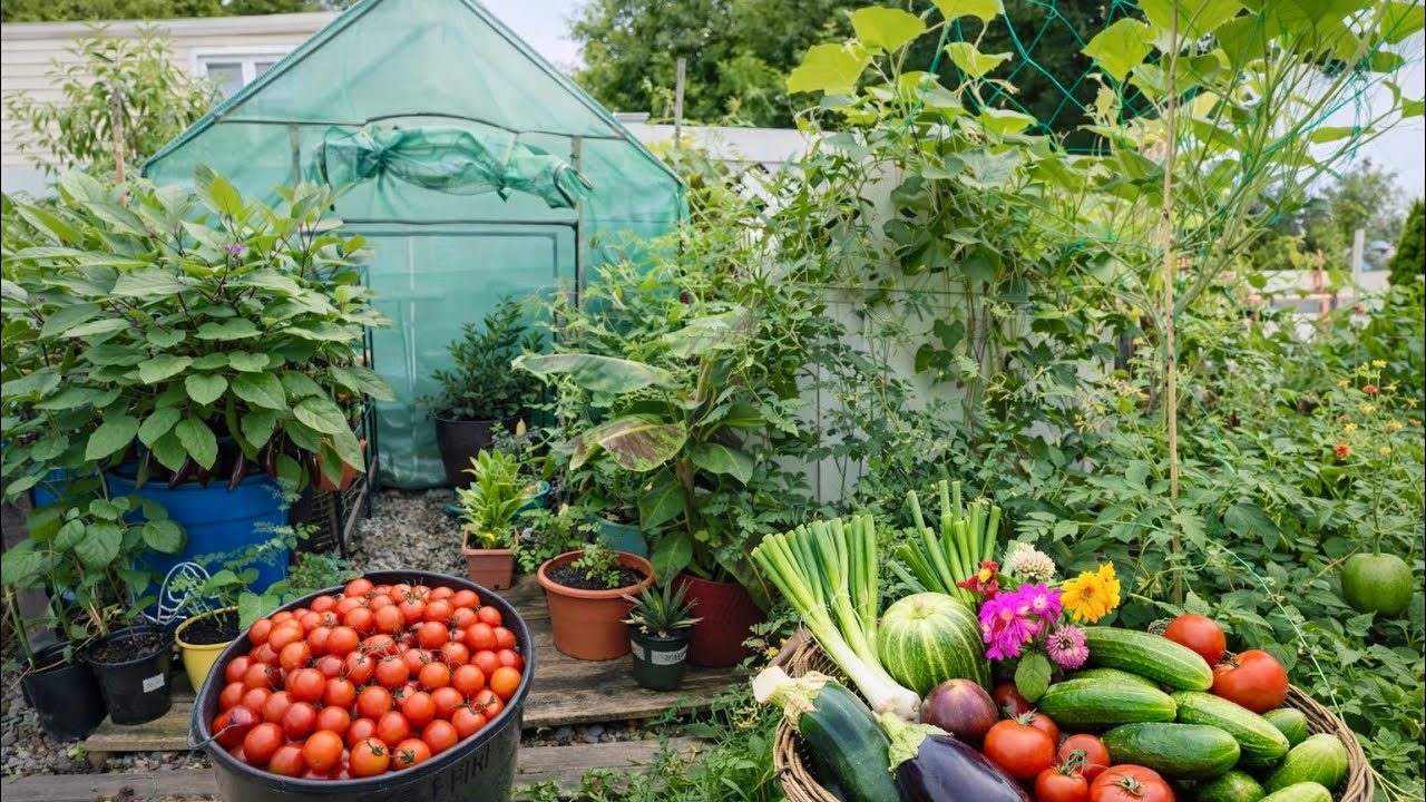 Backyard Garden Tour 🌿 Daily Gardening | Harvesting Scallions, Tomatoes, Cucumbers & Garden Update