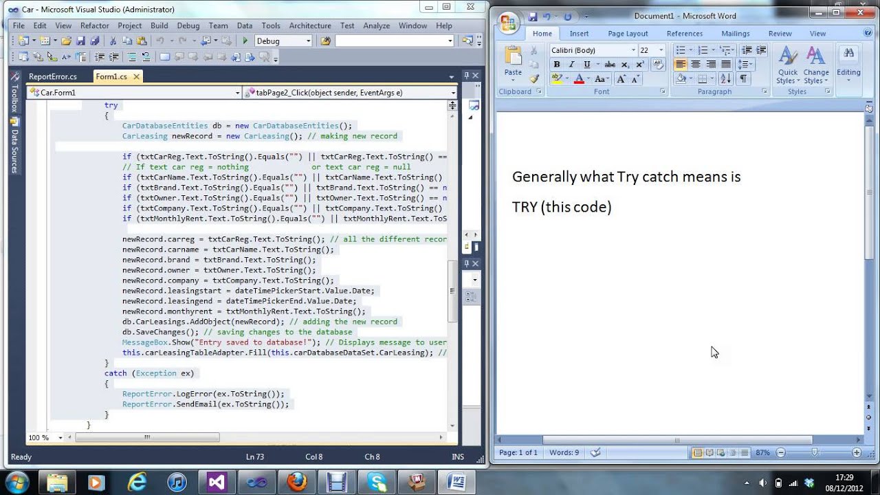C# Visual Studio 2012 Try Catch Explained - YouTube