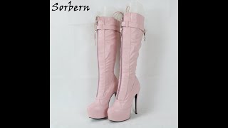 Sorbern Lockable Zipper Knee High Boots Fetish High Heels For Women Stilettos Platform Shoes
