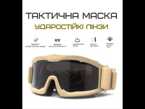 Захисна маска з 3 змінними лінзами товщиною 3 мм Койот (сертифікована ANSI Z87.1) PeremogaUA, видео 4