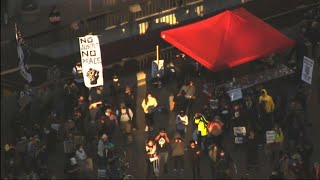 Sky7 was over a rally in oakland, california where demonstrators stood
solidarity with protesters portland, oregon. police say the station
v...