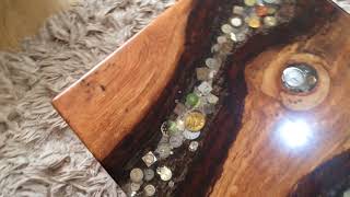 live edge small river coffee/side table, oak wood with a vintage watch theme A unique contemporary modern one off hand made small coffee/side table, made from live edge oak wood and resin. Two clear