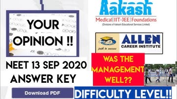 Neet 13 September 2020 answer key all sets by major coaching institutes pdf download