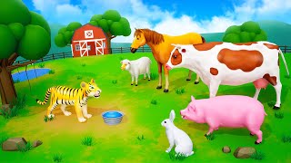 Farm Animals Rescue Tiger Cub and Build a Cave - Cow Horse Pig Goat Rabbit | Funny Animals Cartoons