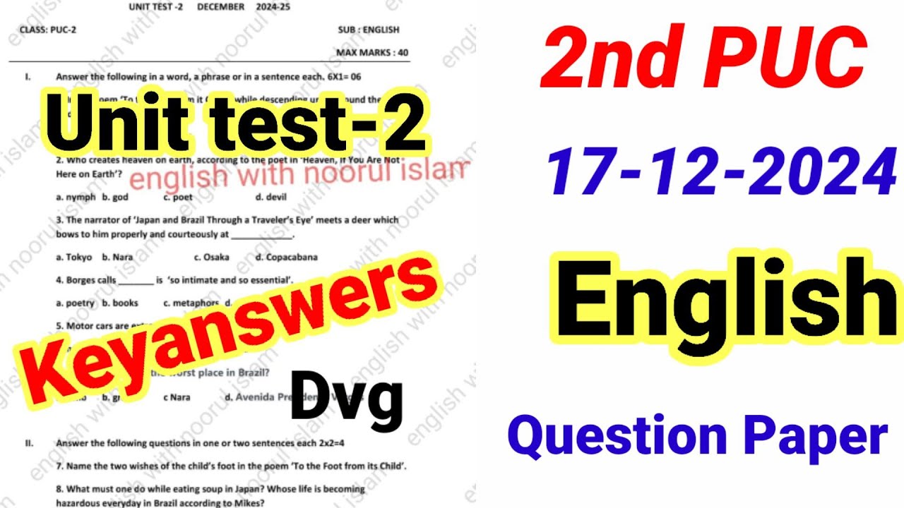 2nd PUC English Unit test 2 question paper keyanswers 2024-25 important ...