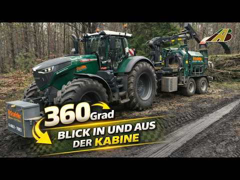 360 Grad - Traktor Fendt 1050 mit Holzhacker im Einsatz aus der Kabine - Rundumblick Forstwirtschaft