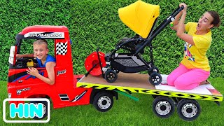 टो ट्रक पर निकी की सवारी और बच्चों के लिए खिलौने की कारों की बिक्री