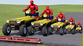 Big \& Small Long Spiderman on a Quad Bike vs Trains | BeamNG.Drive