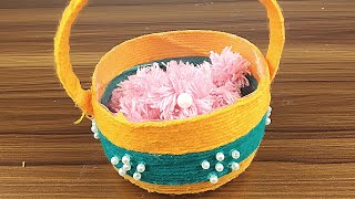 diy making flower basket with plastic bottle & woollen yarn | flower basket diy craft ideas.