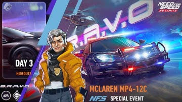 B.R.A.V.O  Day 3 HIDEOUTS 🚓 2011 McLaren MP4 12C | NFS No Limits