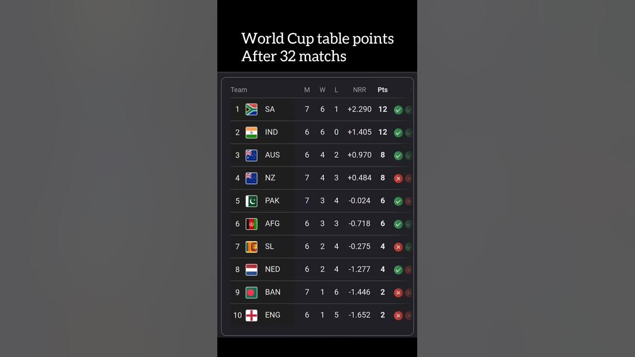 World cup table points after 31 matchs Icc men's world cup YouTube
