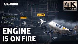 Engine Fire during climbout. ATLAS AIR Boeing7478F. Real ATC Audio