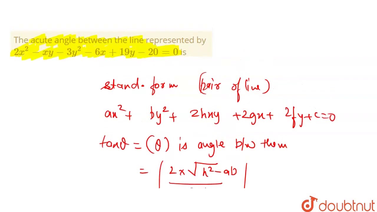 The acute angle between the line represented by `2x^(2)xy3y^(2)6x