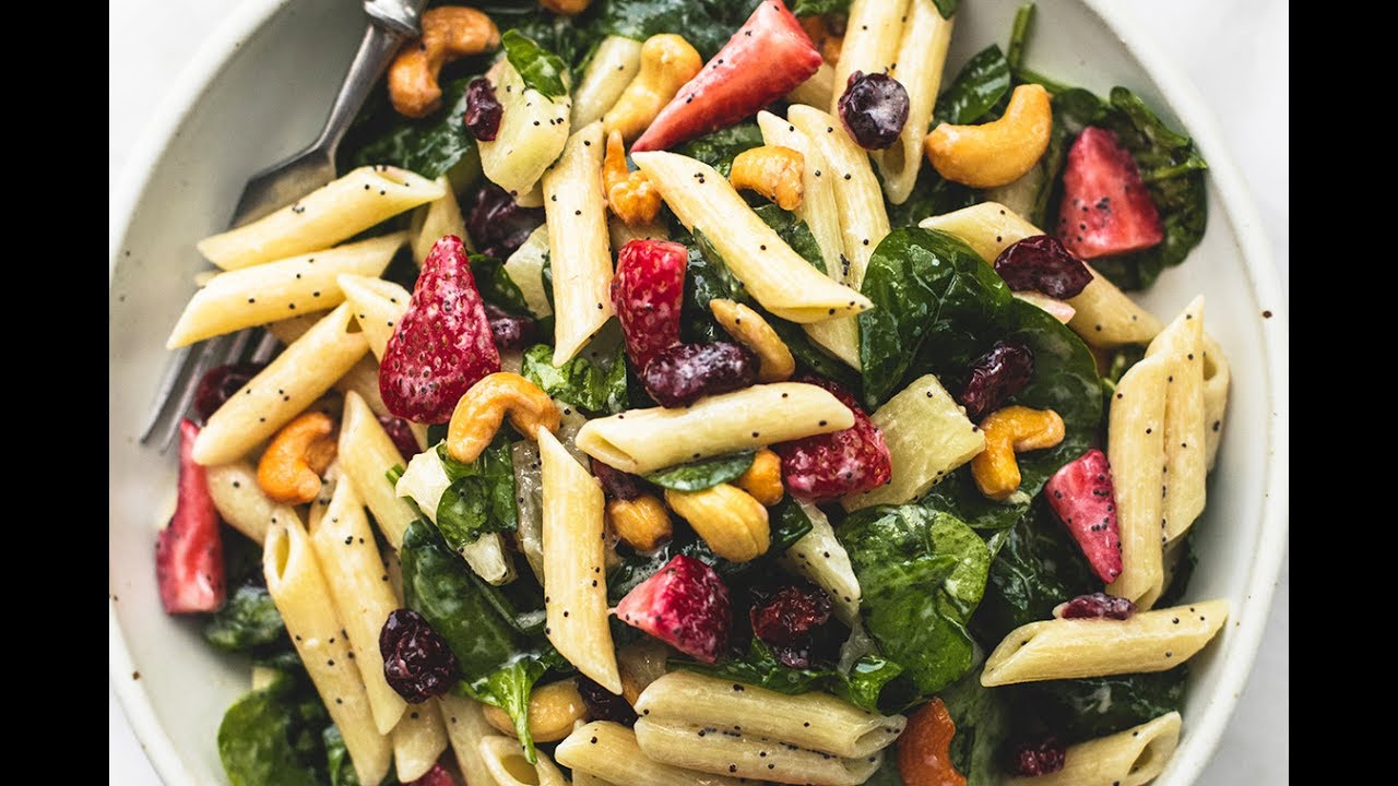 strawberry spinach pasta salad with orange poppy seed dressing Strawberry Spinach Pasta Salad
