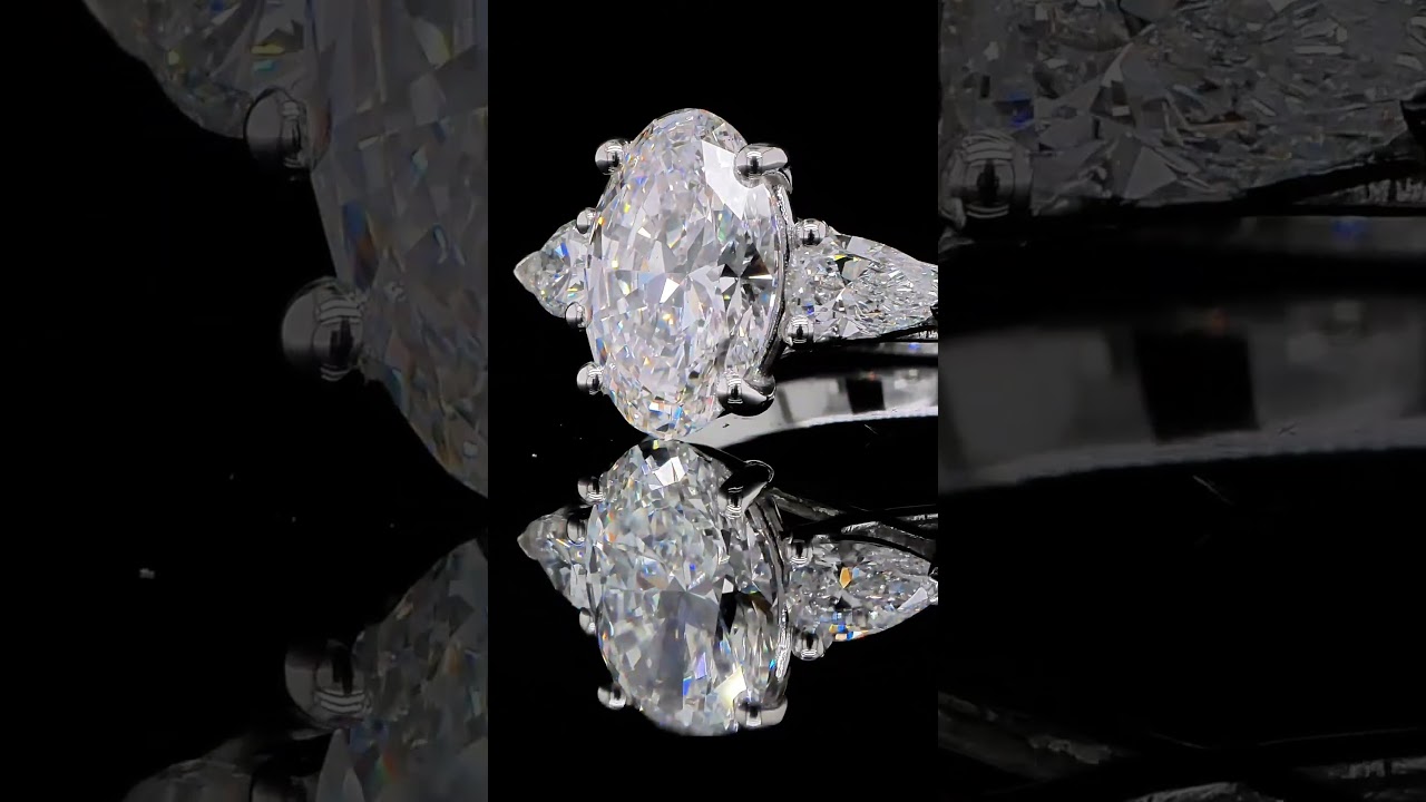 2.00 Carat Oval Lab Grown Three Stone Ring In 18K White Gold Pear Sides - Orogem Jewelers