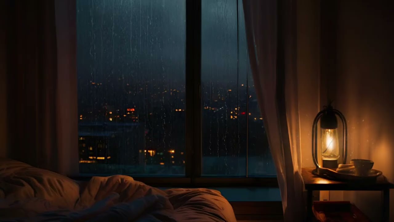 Rain Sounds + Relaxing Piano Music for Sleeping, Insomnia and Stress Relief, Bedroom in the City