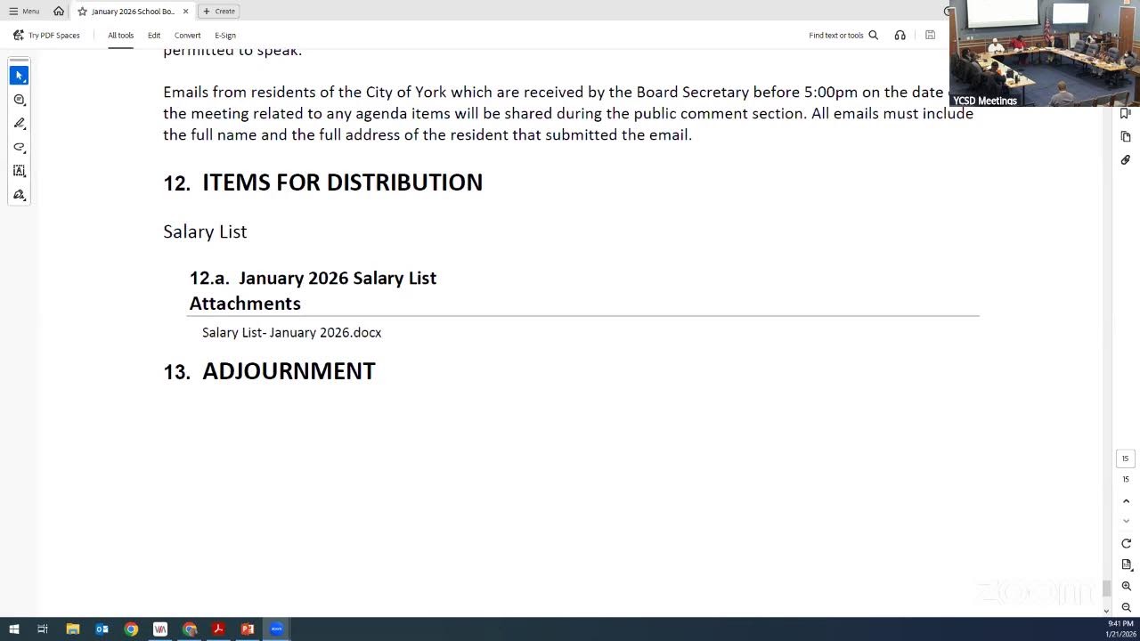 January 2026 Meeting of the York City School District Board of Directors