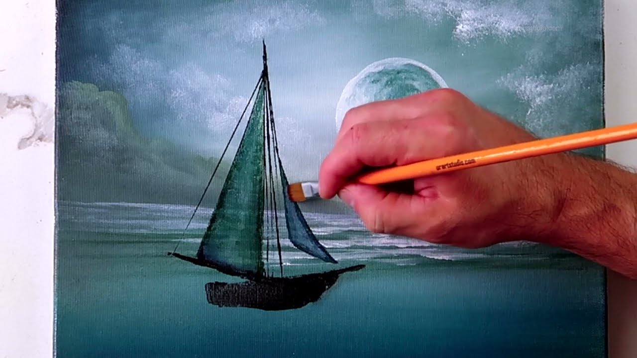 Step by step acrylic painting technique: Voyage to the Moon - Sailboat on the Ocean | Big Full Moon