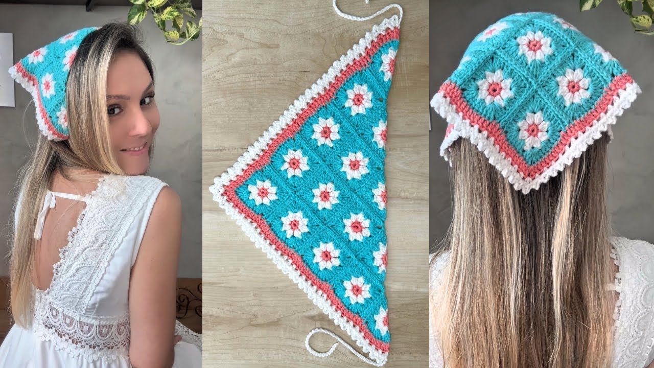 Lenço bandana de crochê com square floral/ Square floral crochet bandana