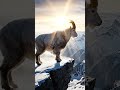 A mountain goat easily climbs up a very steep, rocky cliff. High above the clouds
