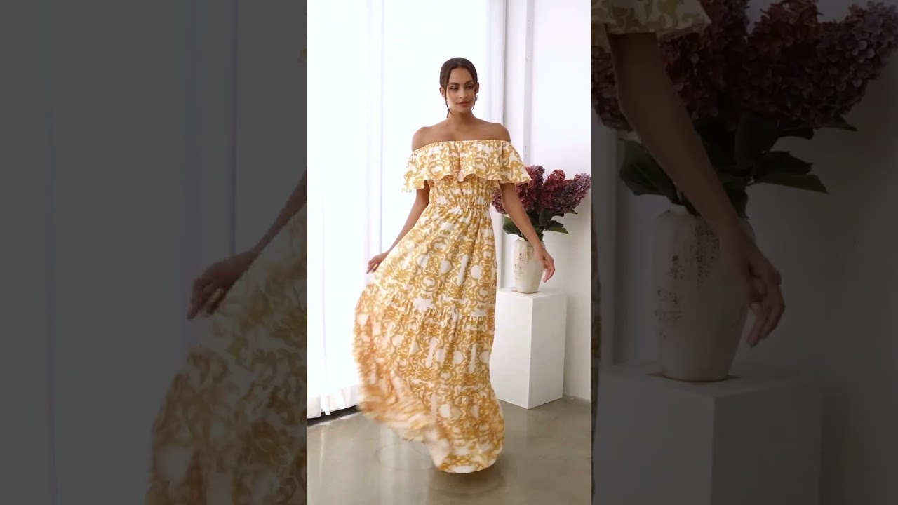 Flap Off-Shoulder Tile Printed Maxi Dress