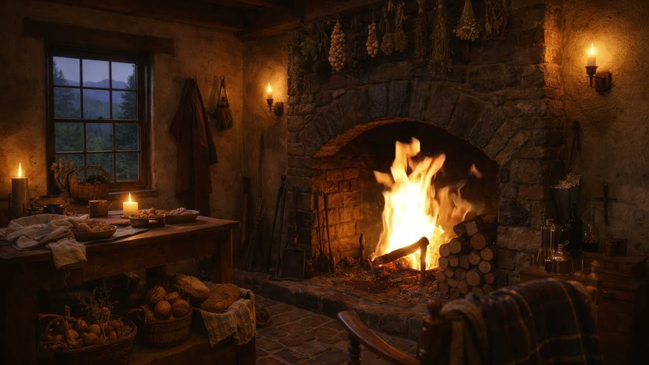 Fraser’s Ridge Rainy Night Fireplace Ambience | Outlander Highland Cabin | Rain & Crackling Fire🔥🌧️
